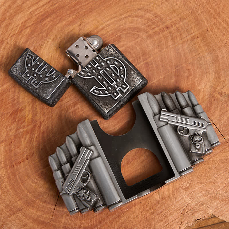 Ceinture en cuir argentée pour homme, motif pistolets et balles, avec briquet dissimulé - image 5