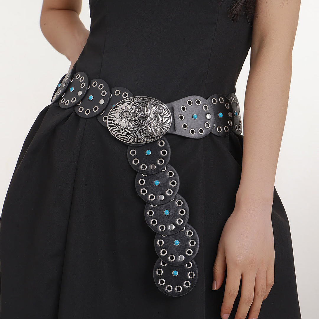 Ceinture en cuir pour femme ronde ajourée et incrustée de diamants bleus - image 2