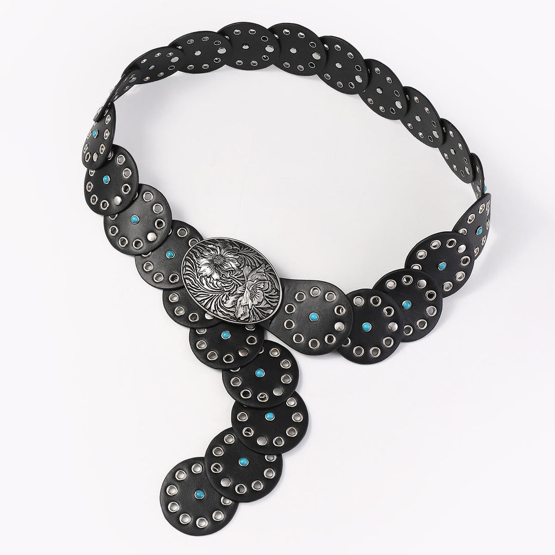 Ceinture en cuir pour femme ronde ajourée et incrustée de diamants bleus - image 4