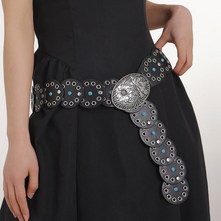 Ceinture en cuir pour femme ronde ajourée et incrustée de diamants bleus - Noir - image 1