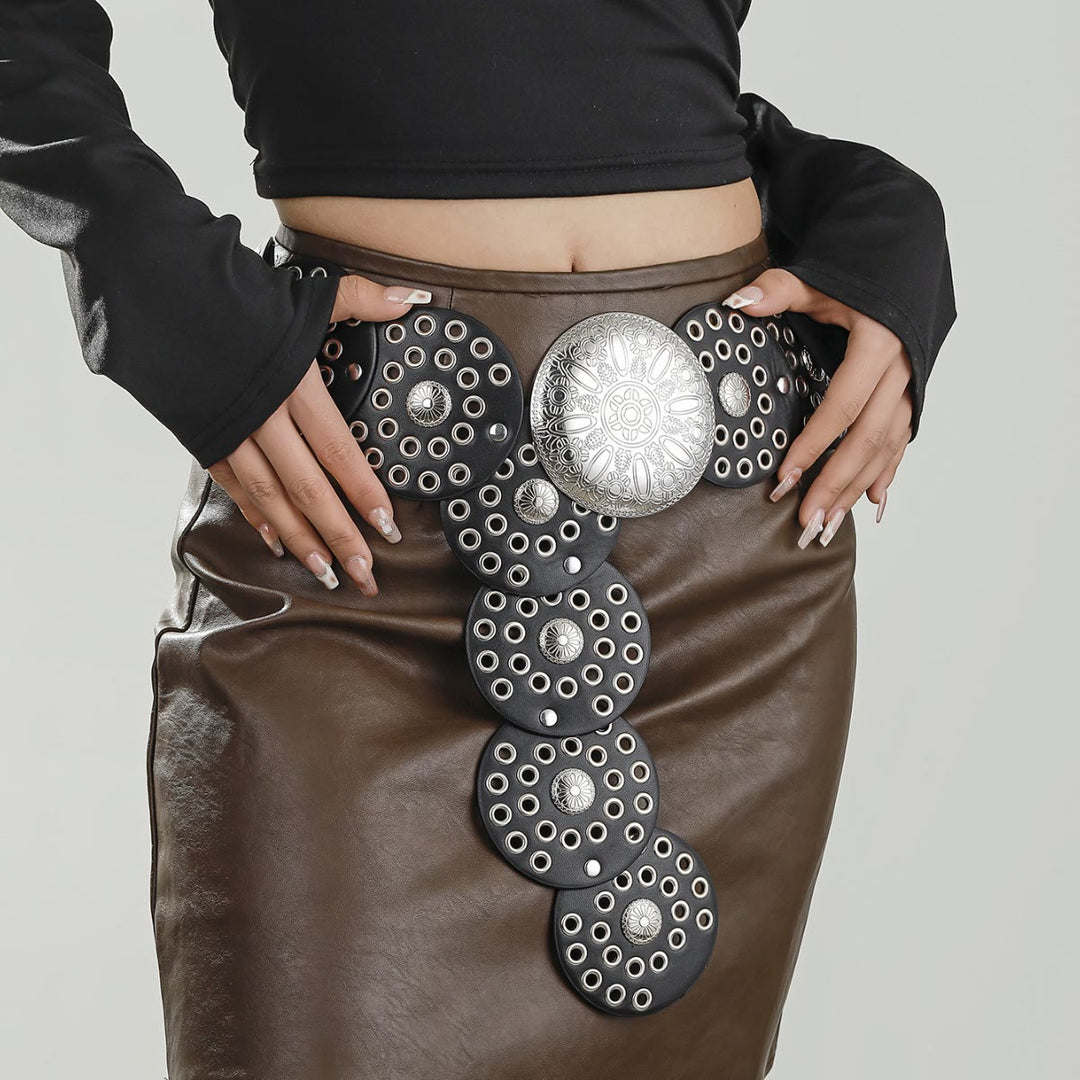 Ceinture en cuir pour femme au design rétro rond et creux - Noir - image 1