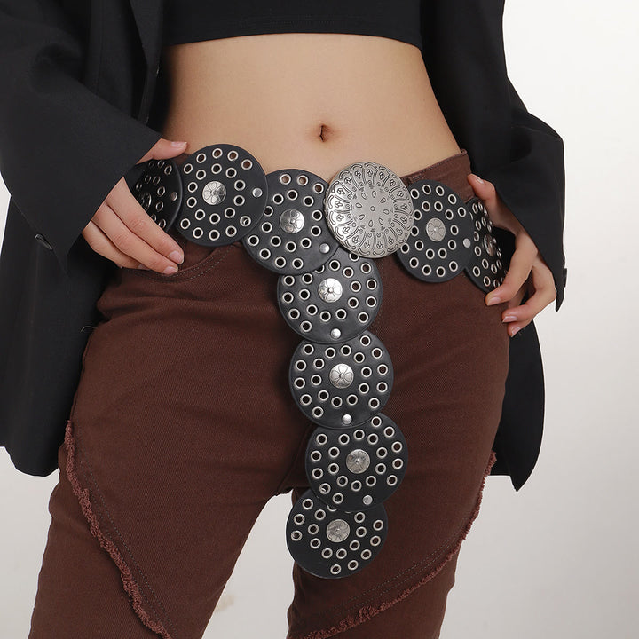 Ceinture en cuir pour femme avec disque argenté creux de style occidental - Noir - image 1