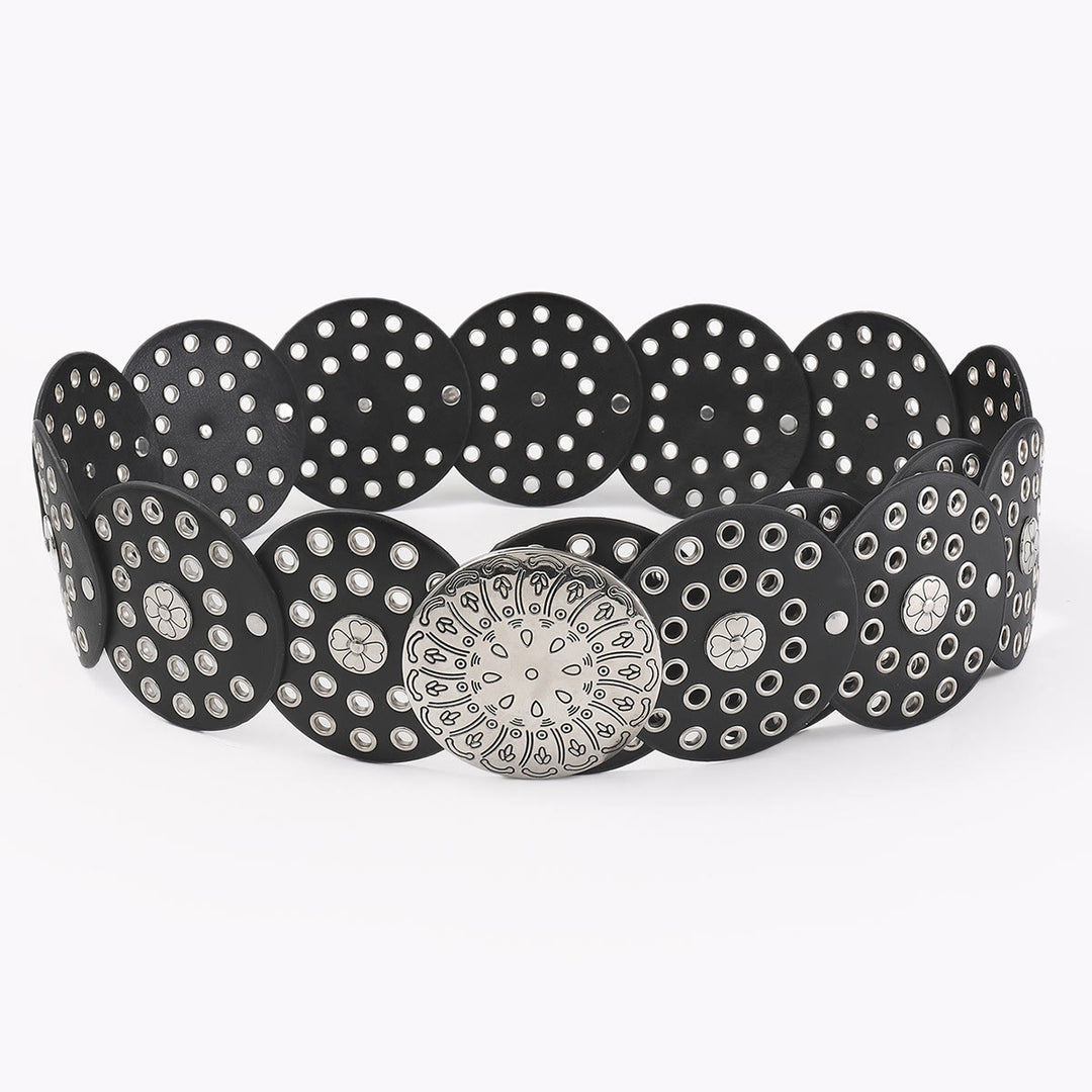 Ceinture en cuir pour femme avec disque argenté creux de style occidental - image 3