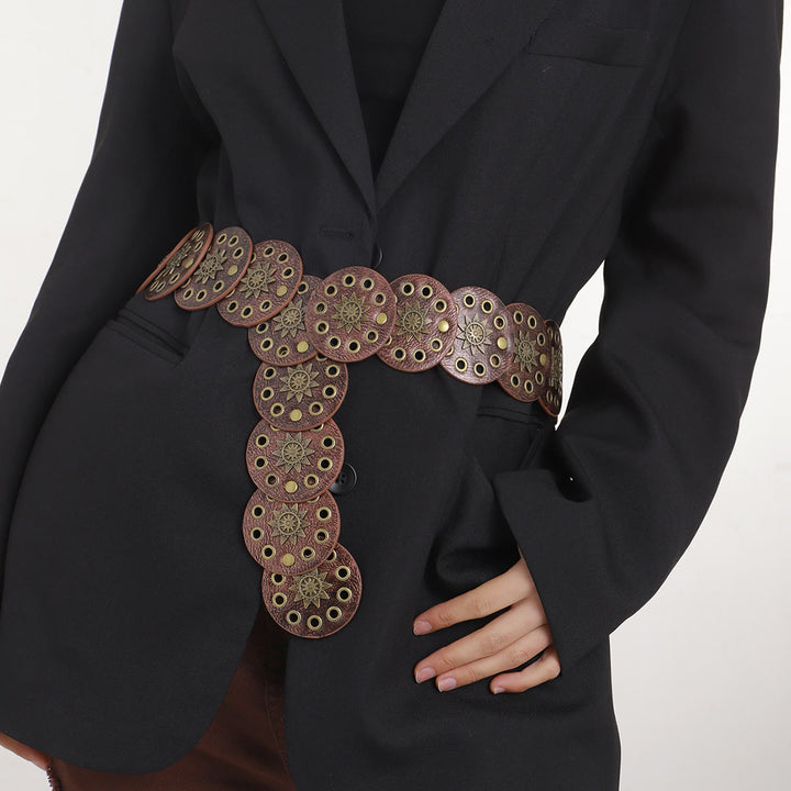 Ceinture en cuir pour femme, style rétro, creuse et circulaire, couleur café - Brun - image 1