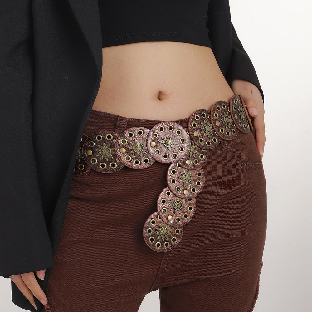 Ceinture en cuir pour femme, style rétro, creuse et circulaire, couleur café - image 2