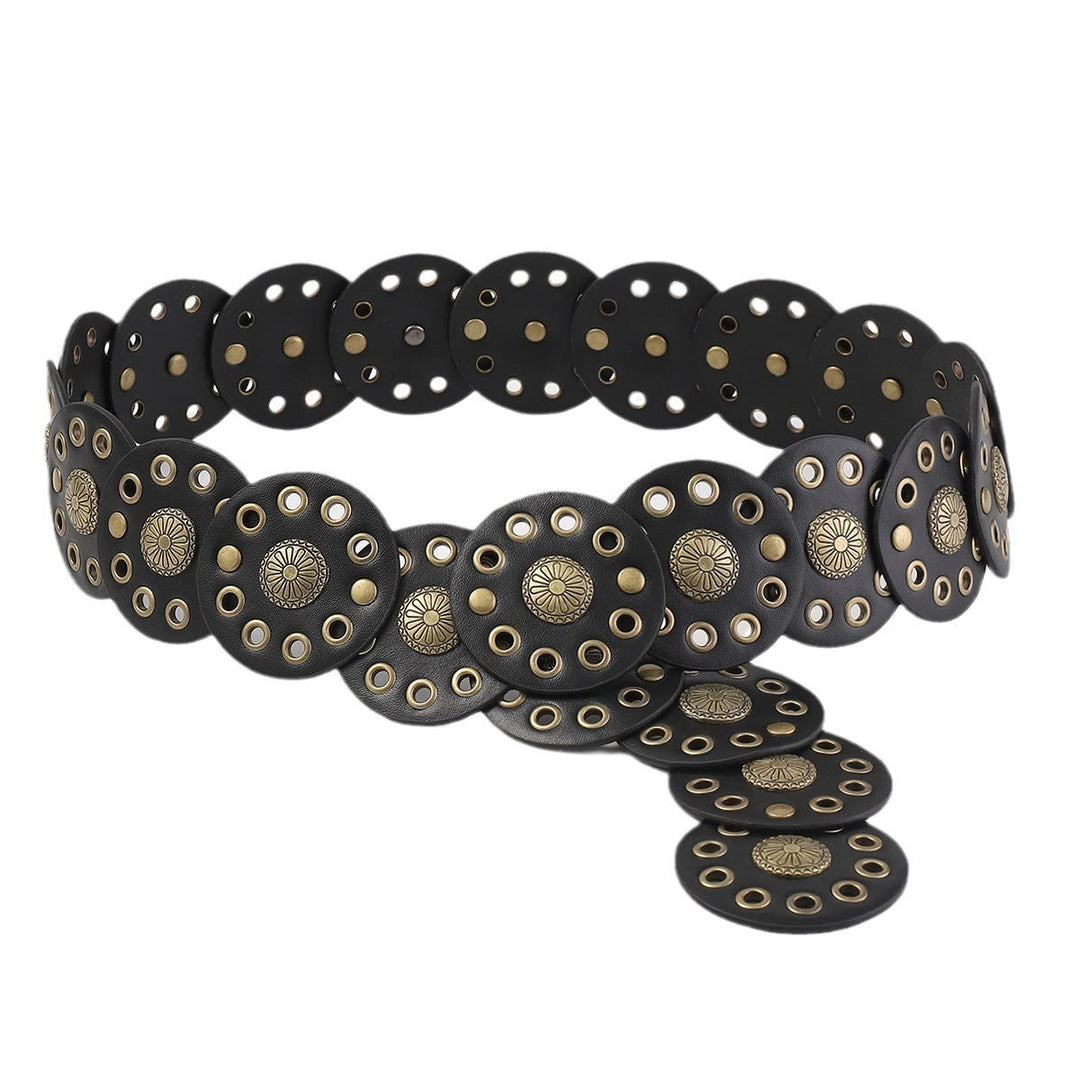 Ceinture en cuir noire circulaire rétro creuse pour femme - image 3