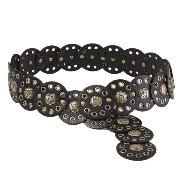 Ceinture en cuir noire circulaire rétro creuse pour femme - image 3