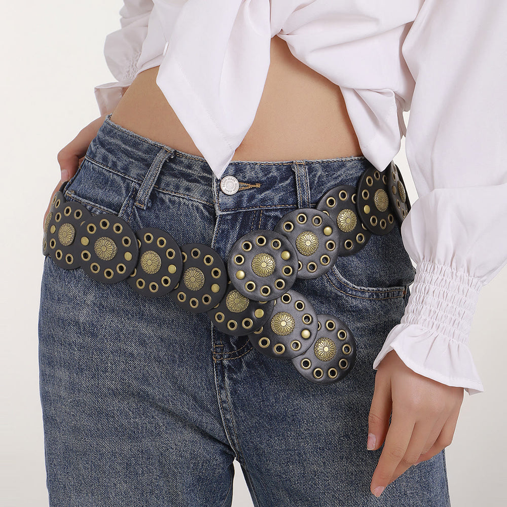 Ceinture en cuir noire circulaire rétro creuse pour femme - image 2