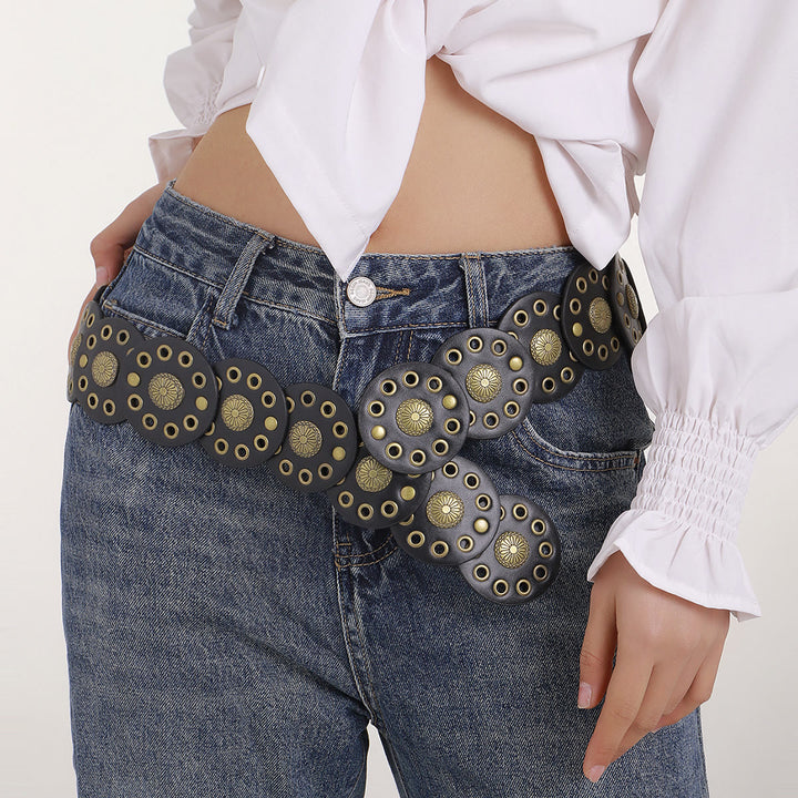 Ceinture en cuir noire circulaire rétro creuse pour femme - image 2