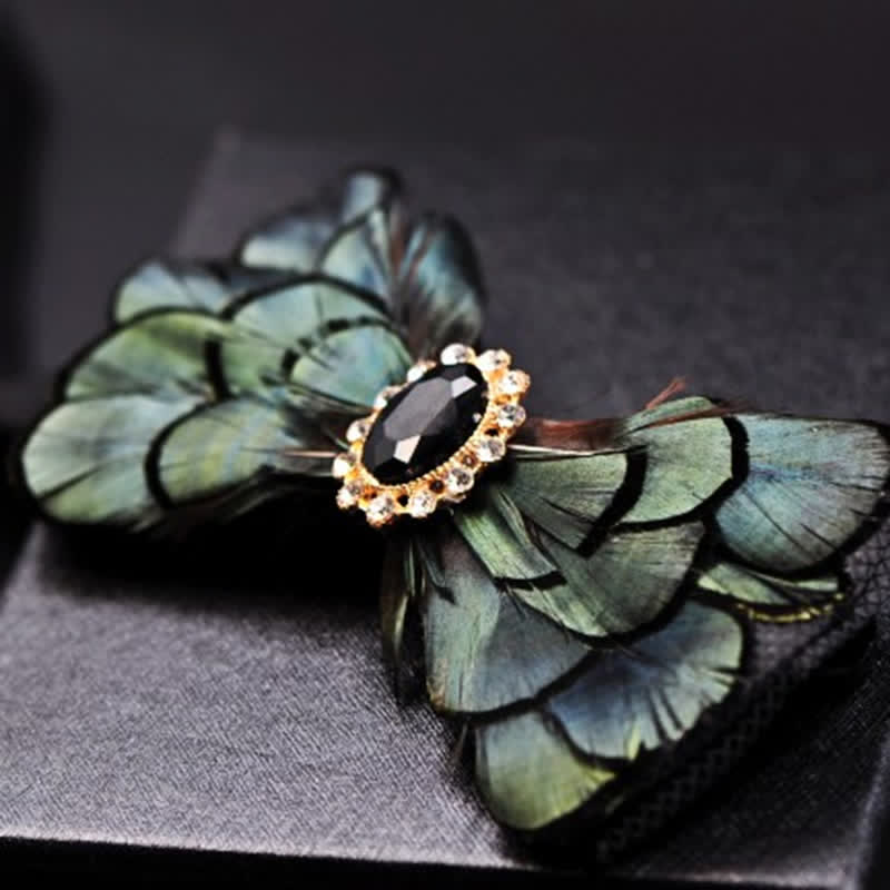 Nœud papillon formel en plumes et cristal vert forêt - image 7