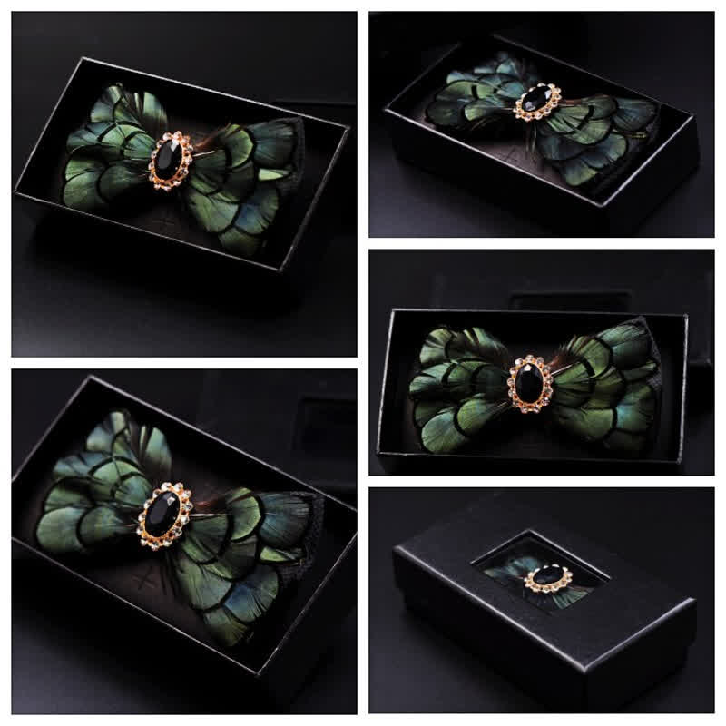 Nœud papillon formel en plumes et cristal vert forêt - image 6