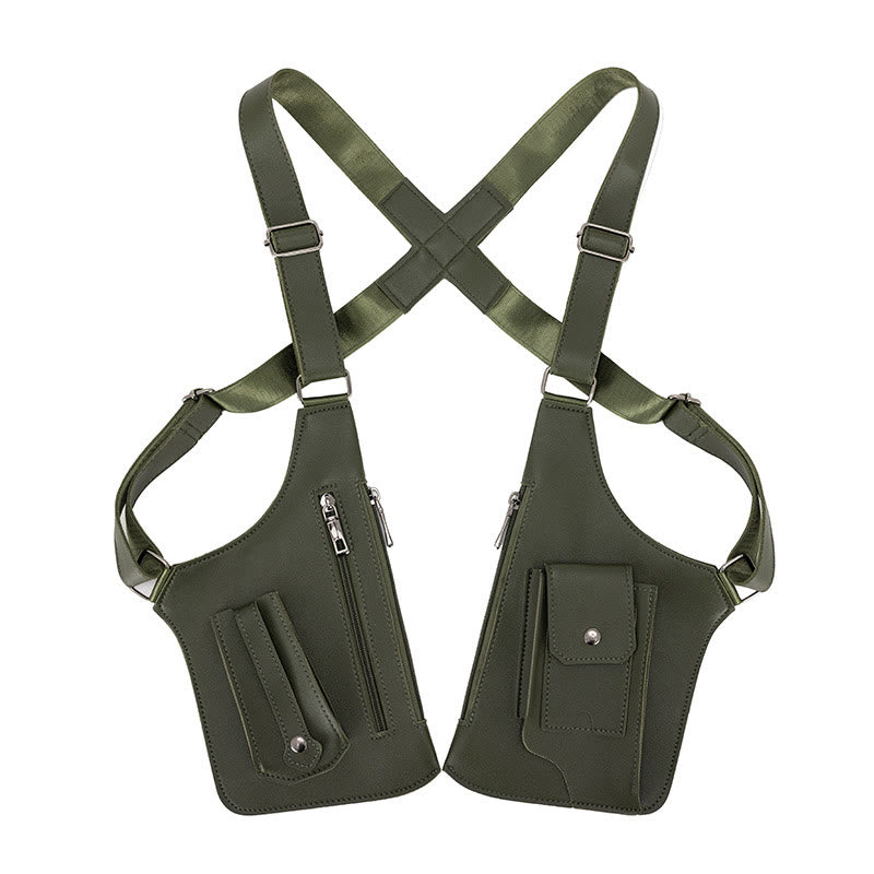 Sac à bandoulière multi-poches en cuir de grande capacité pour l'extérieur - Vert armée - image 1