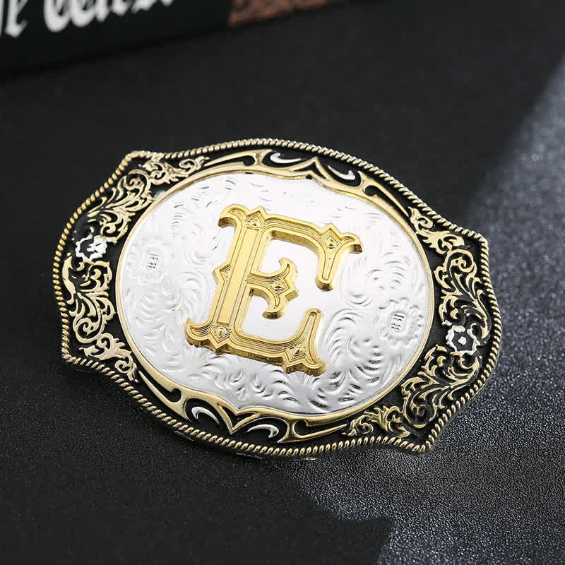 Ceinture en cuir avec boucle initiale rétro noire dorée - E - Sans ceinture - image 7