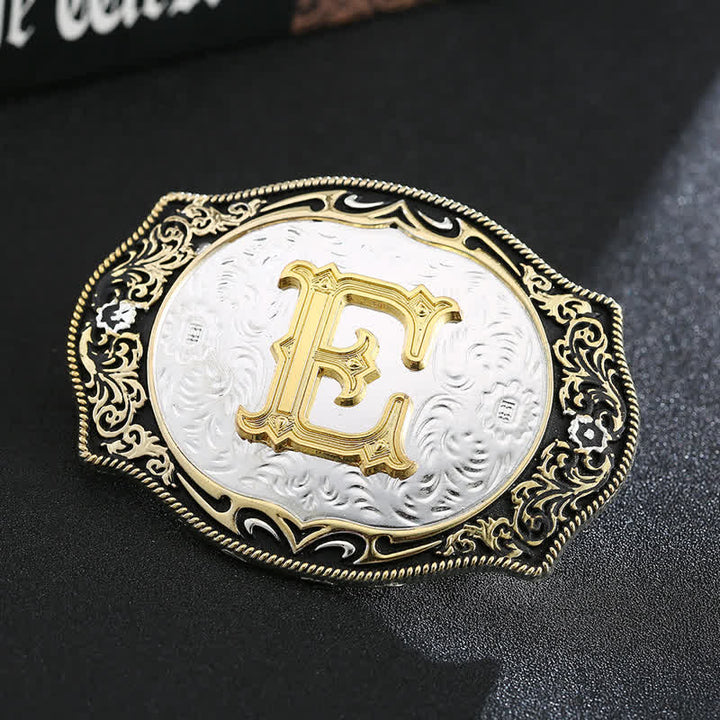 Ceinture en cuir avec boucle initiale rétro noire dorée - E - Sans ceinture - image 7