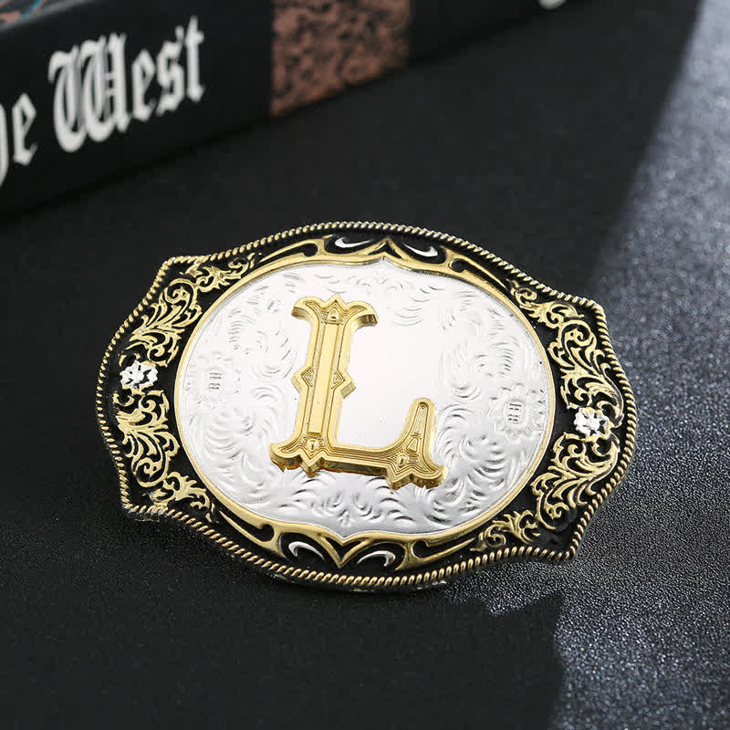 Ceinture en cuir avec boucle initiale rétro noire dorée - L - Sans ceinture - image 14