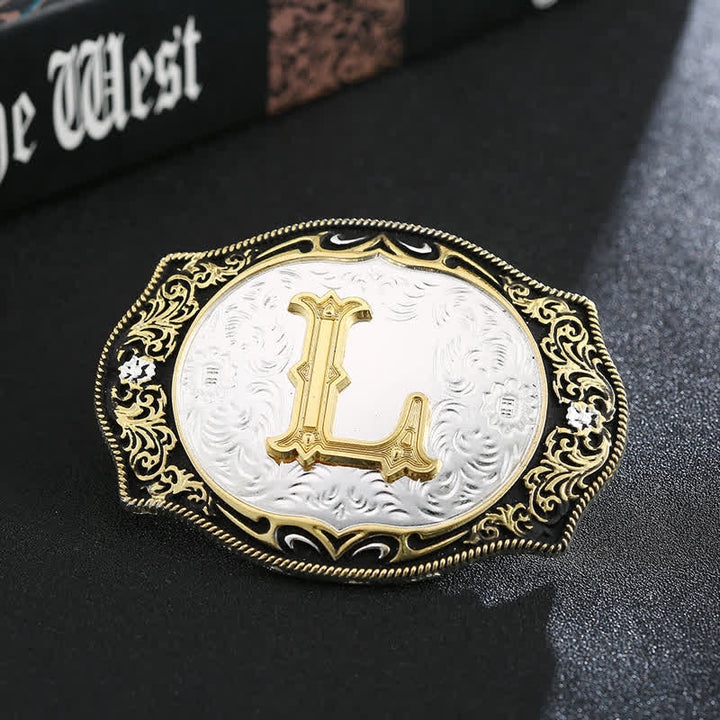 Ceinture en cuir avec boucle initiale rétro noire dorée - L - Sans ceinture - image 14