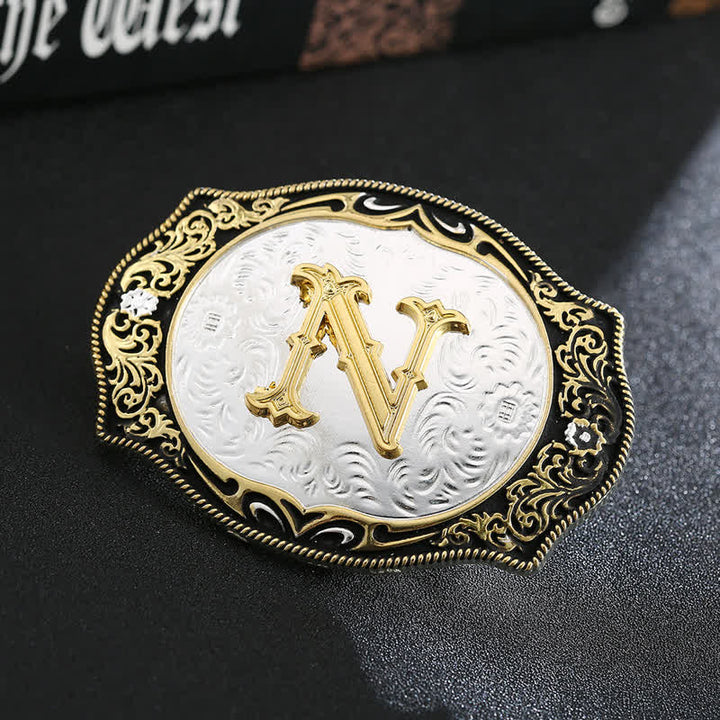 Ceinture en cuir avec boucle initiale rétro noire dorée - N - Sans ceinture - image 16