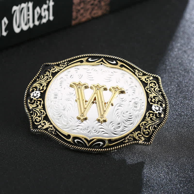 Ceinture en cuir avec boucle initiale rétro noire dorée - W - Sans ceinture - image 25