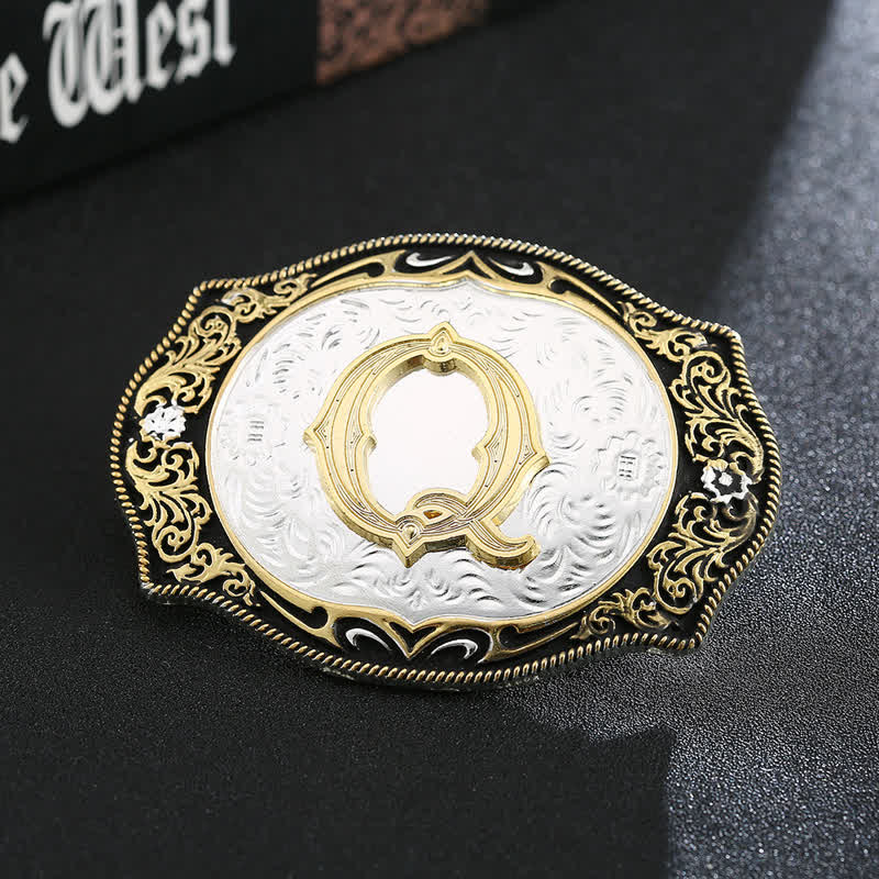 Ceinture en cuir avec boucle initiale rétro noire dorée - Q - Sans ceinture - image 19