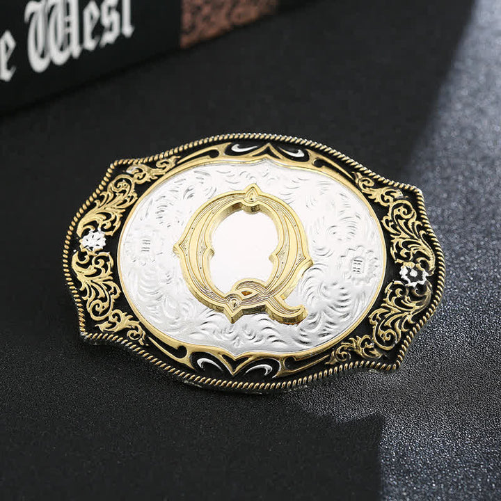 Ceinture en cuir avec boucle initiale rétro noire dorée - Q - Sans ceinture - image 19