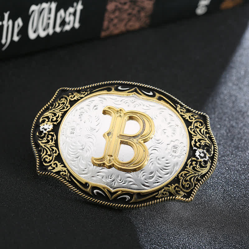 Ceinture en cuir avec boucle initiale rétro noire dorée - B - Sans ceinture - image 4