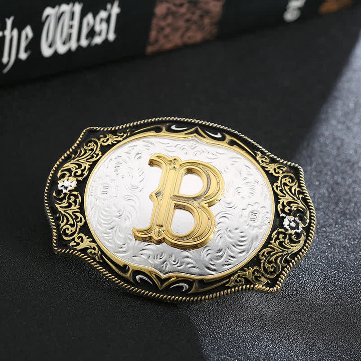 Ceinture en cuir avec boucle initiale rétro noire dorée - B - Sans ceinture - image 4