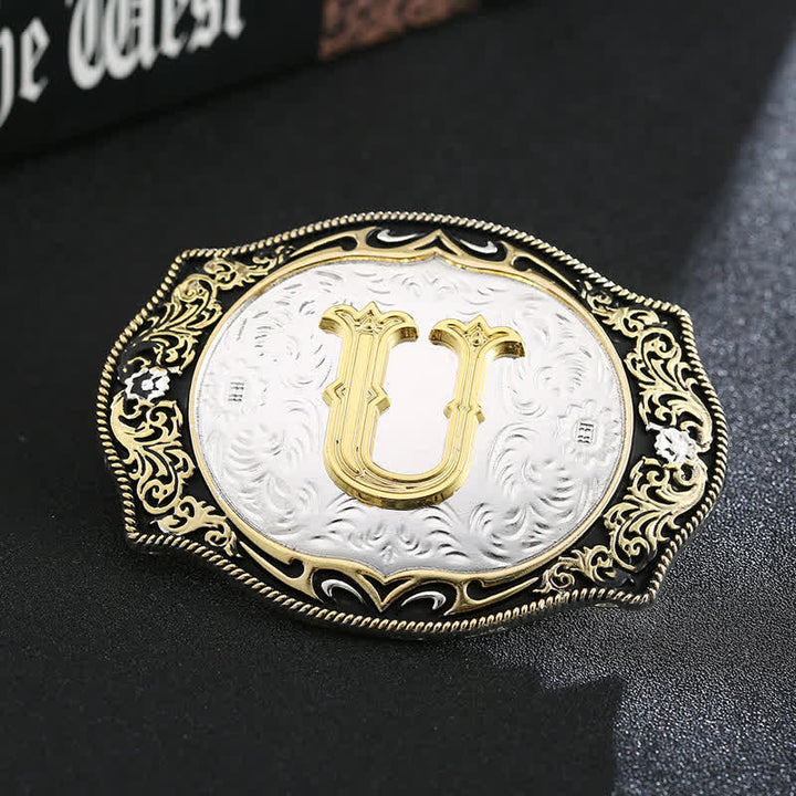 Ceinture en cuir avec boucle initiale rétro noire dorée - U - Sans ceinture - image 23