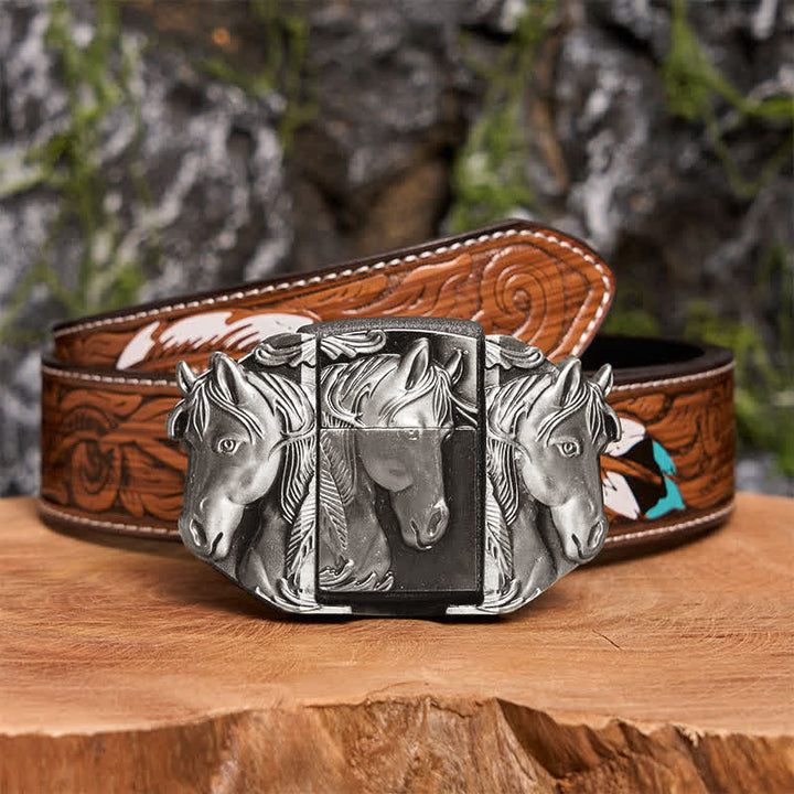 Ceinture en cuir argentée à trois chevaux pour homme, avec briquet dissimulé - Triple chevaux - Ceinture à plumes marron - 40 - image 8