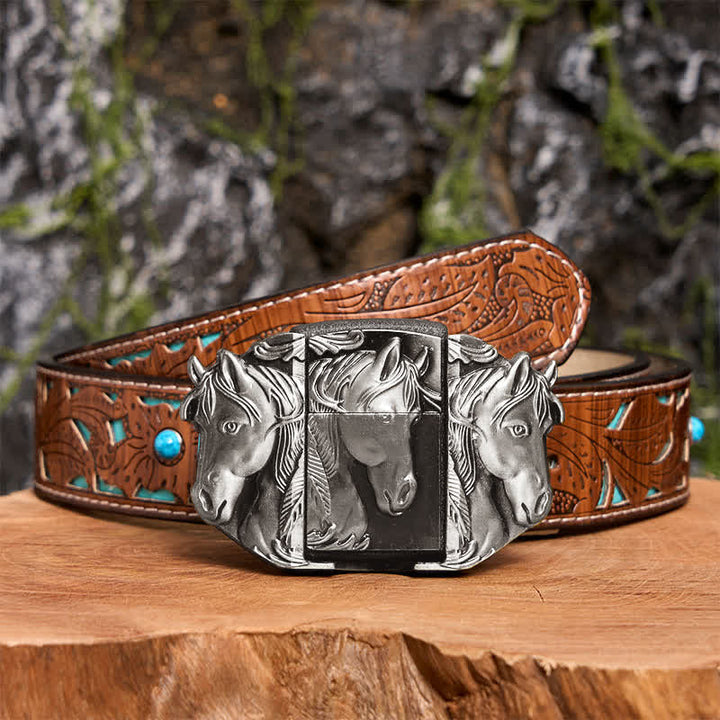 Ceinture en cuir argentée à trois chevaux pour homme, avec briquet dissimulé - Triple chevaux - Ceinture sculptée en turquoise - 42 - image 4