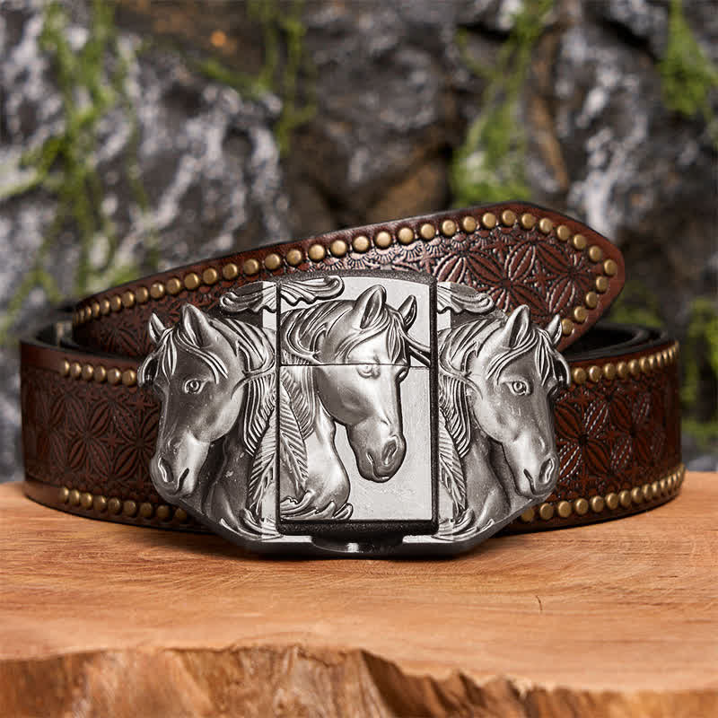 Ceinture en cuir argentée à trois chevaux pour homme, avec briquet dissimulé - Triple chevaux - Ceinture à rivets marron - 42 - image 5