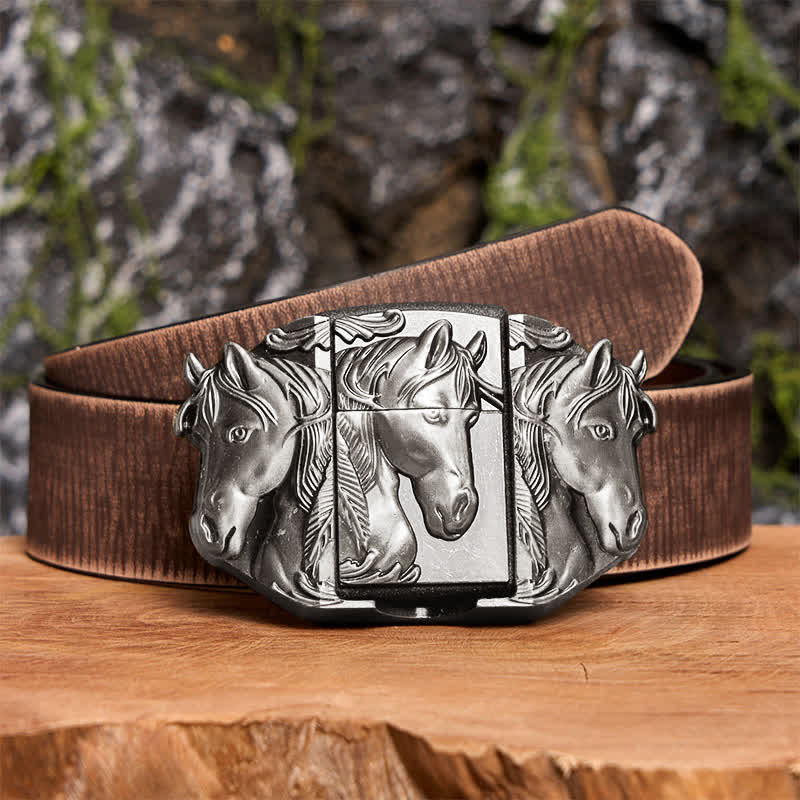 Ceinture en cuir argentée à trois chevaux pour homme, avec briquet dissimulé - Triple chevaux - Ceinture marron vieillie - 42 - image 6