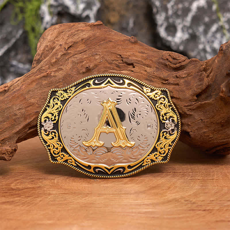 Ceinture en cuir avec boucle initiale rétro noire dorée - A - Sans ceinture - image 1