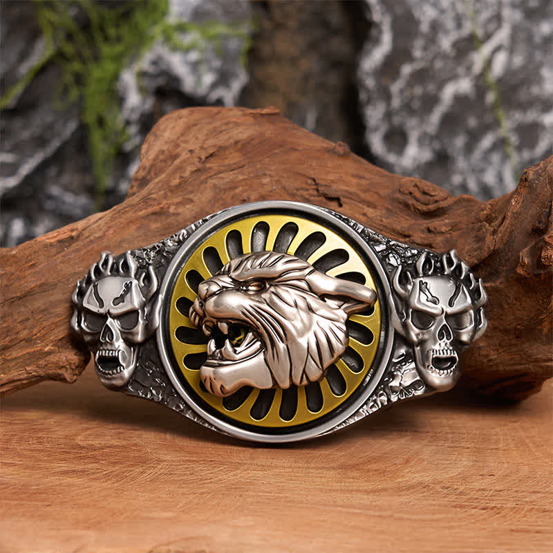 Ceinture en cuir à boucle rotative avec tête de tigre rugissante et crâne argenté - Tête de tigre - Sans ceinture - Ceinture non incluse - image 1