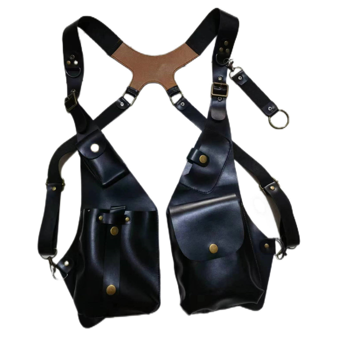 Sac à bandoulière rétro en cuir pour homme avec sangle pour téléphone et bouton sous le bras - Noir - image 4