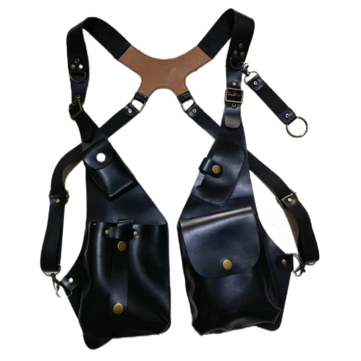 Sac à bandoulière rétro en cuir pour homme avec sangle pour téléphone et bouton sous le bras - Noir - image 4