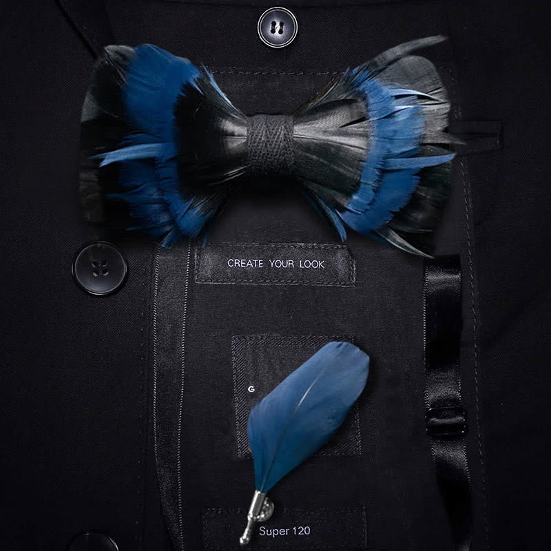 Nœud papillon en plumes bleu nuit et noir avec épingle à revers - Adulte - image 0