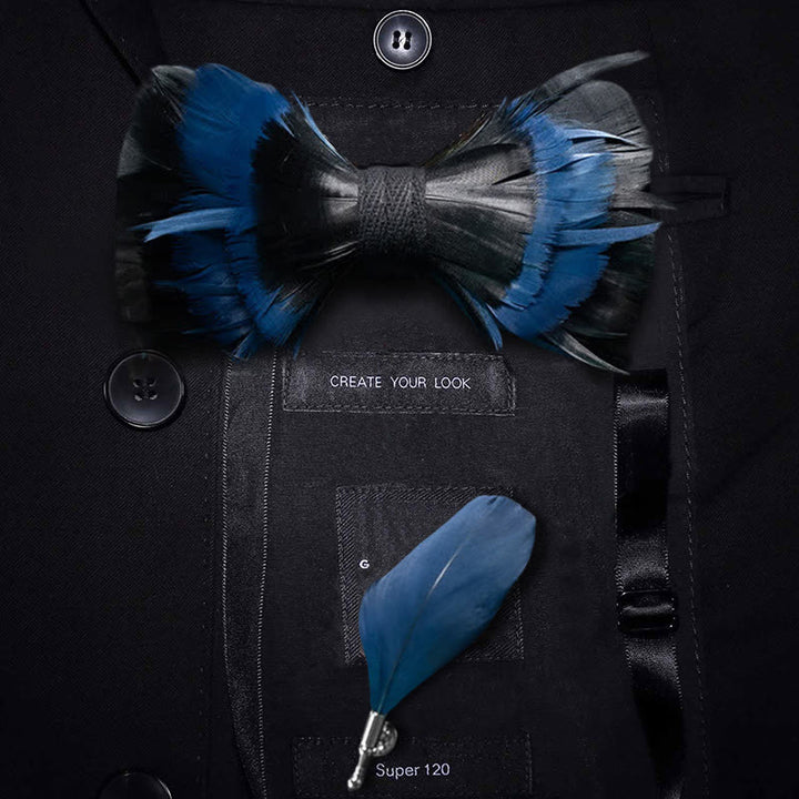 Nœud papillon en plumes bleu nuit et noir avec épingle à revers - Adulte - image 0