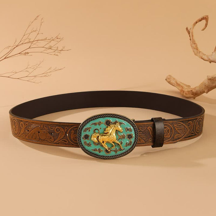 Ceinture en cuir gaufré à boucle turquoise motif cheval doré - image 3