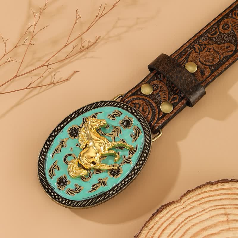 Ceinture en cuir gaufré à boucle turquoise motif cheval doré - image 1