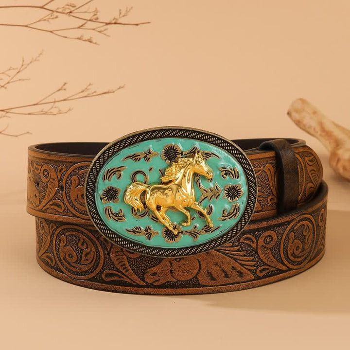 Ceinture en cuir gaufré à boucle turquoise motif cheval doré - Turquoise et or - 40 - image 0