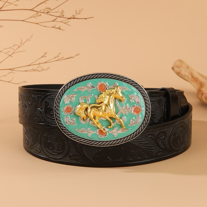 Ceinture en cuir noir gaufré à boucle turquoise sur le thème du cheval - Turquoise et or - 40 - image 0
