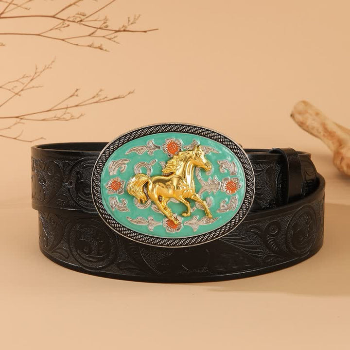 Ceinture en cuir noir gaufré à boucle turquoise sur le thème du cheval - Turquoise et or - 40 - image 0