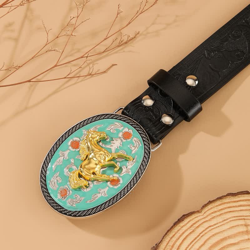 Ceinture en cuir noir gaufré à boucle turquoise sur le thème du cheval - image 1