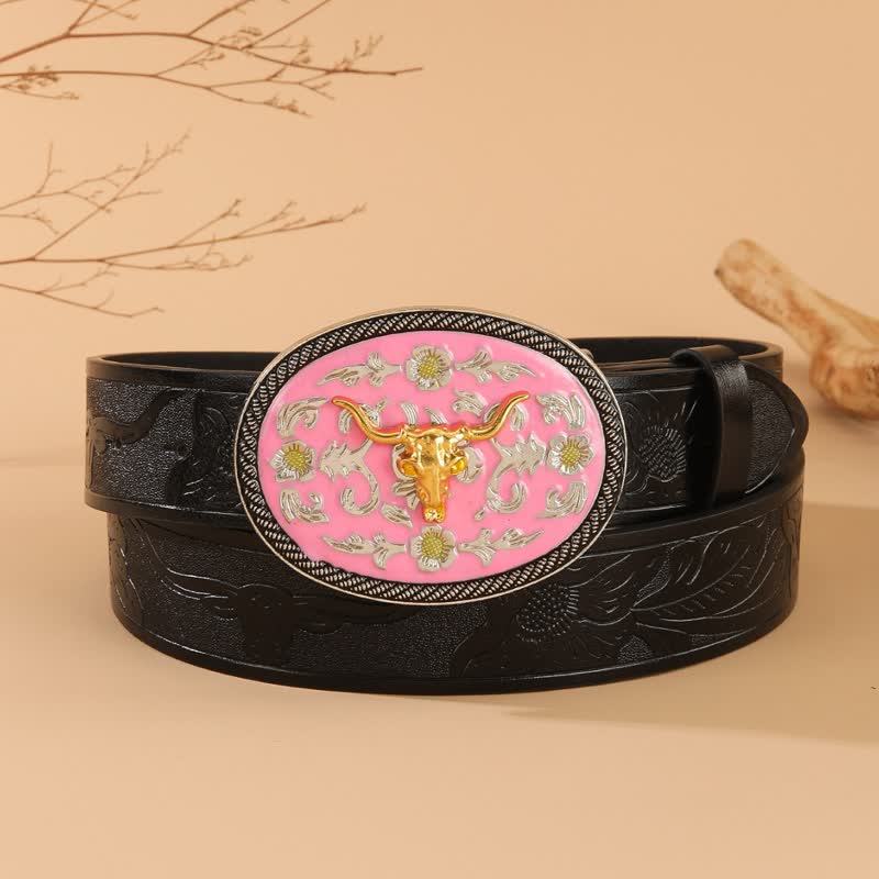 Ceinture en cuir gaufré à boucle rose motif taureau - Rose et or - 40 - image 0