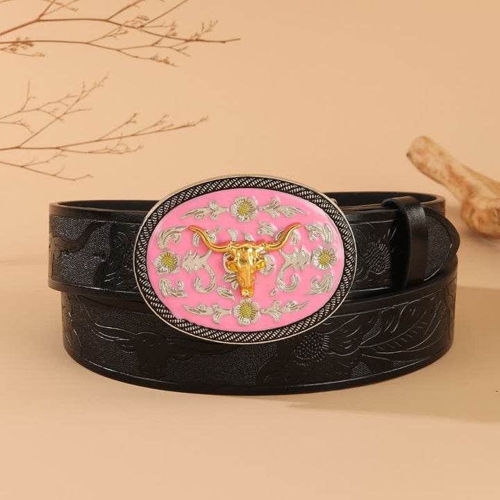 Ceinture en cuir gaufré à boucle rose motif taureau - Rose et or - 40 - image 0