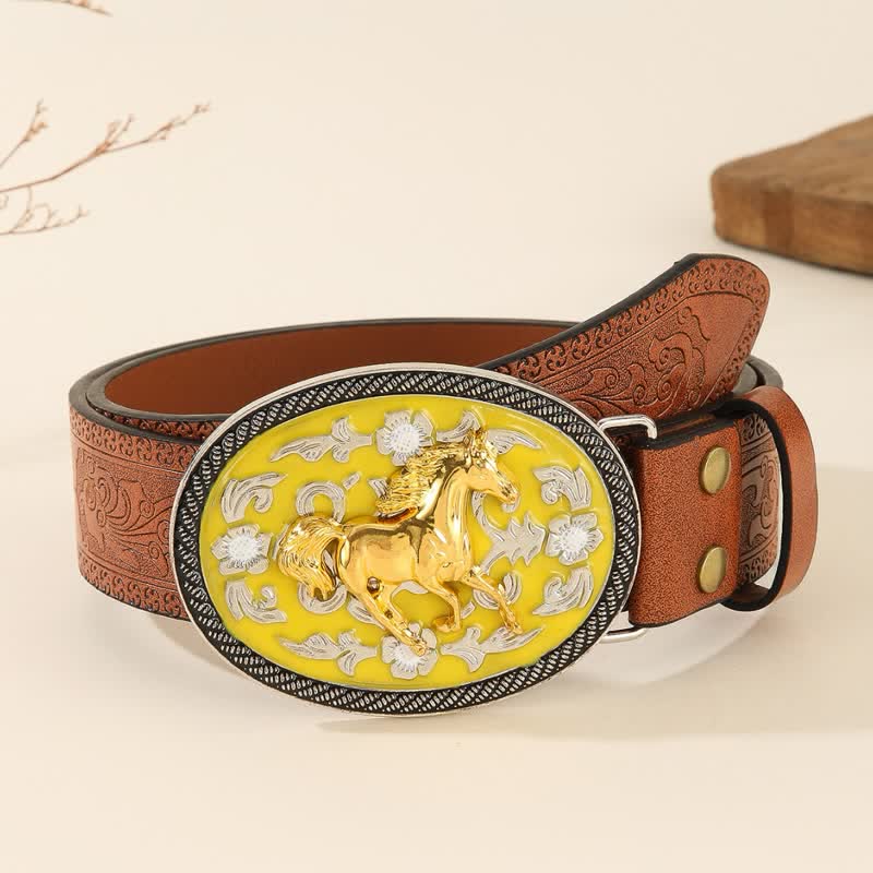 Ceinture en cuir gaufré avec boucle jaune « Cheval au galop » - Rose et or - 40 - image 0