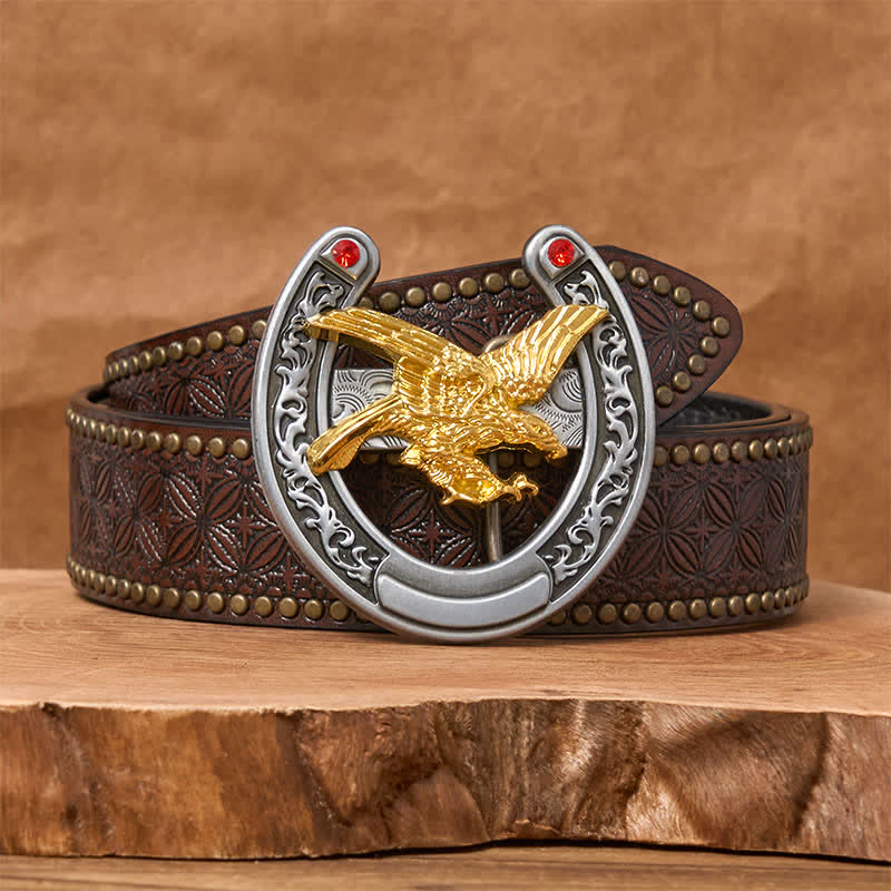 Ceinture en cuir avec boucle en forme de fer à cheval Western Gold Eagle - Aigle d'or - Ceinture à rivets marron - 42 - image 4