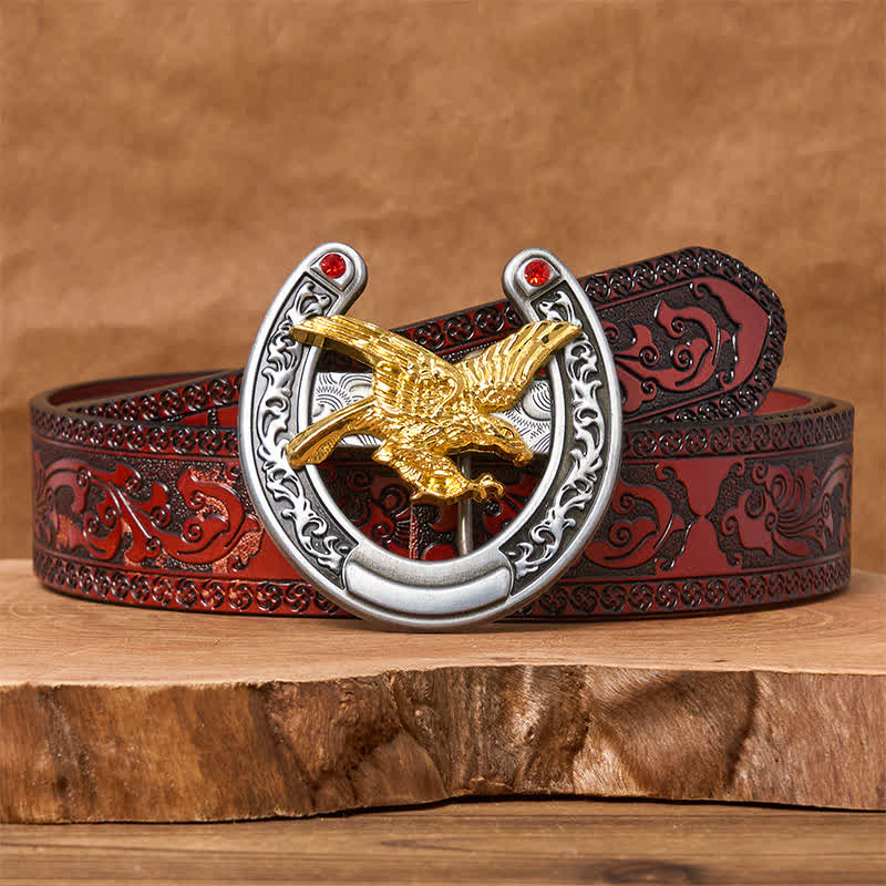 Ceinture en cuir avec boucle en forme de fer à cheval Western Gold Eagle - Aigle d'or - Ceinture marron sculptée - 42 - image 6