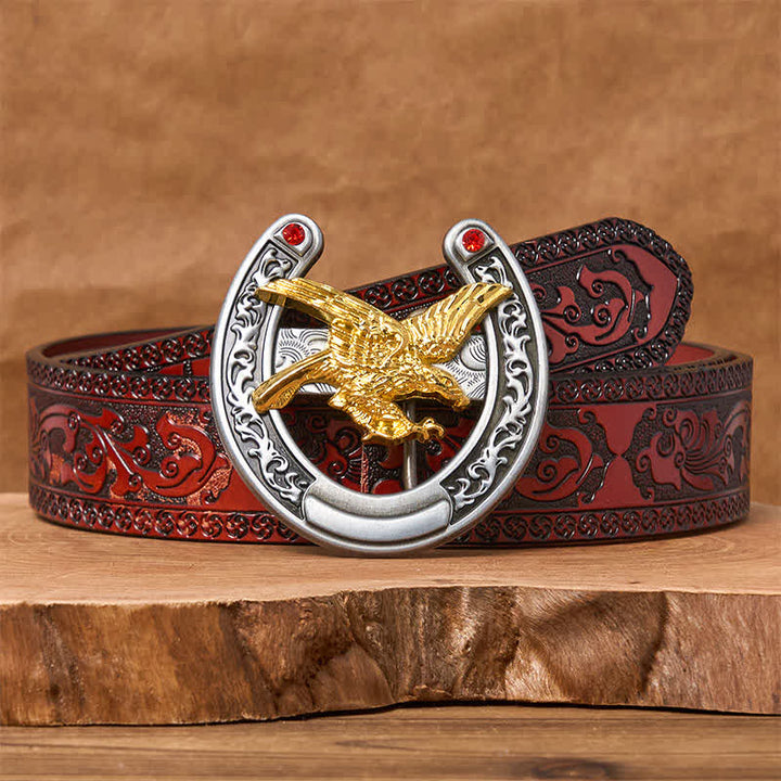 Ceinture en cuir avec boucle en forme de fer à cheval Western Gold Eagle - Aigle d'or - Ceinture marron sculptée - 42 - image 6