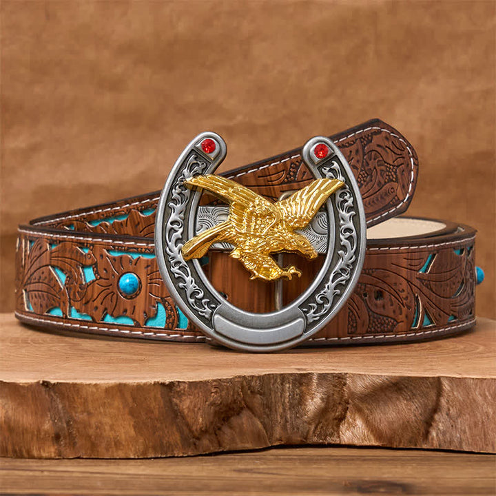 Ceinture en cuir avec boucle en forme de fer à cheval Western Gold Eagle - Aigle d'or - Ceinture sculptée en turquoise - 42 - image 3